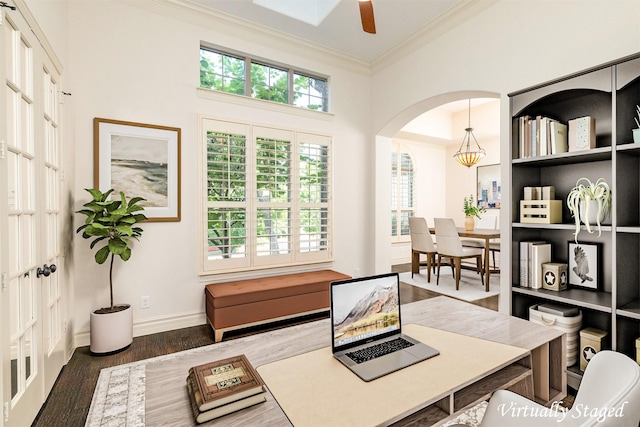 437 Monarch Hill Ct, Keller, TX 76248 - home office featuring wood finished floors, ceiling fan, plenty of natural light, arched walkways, and crown molding