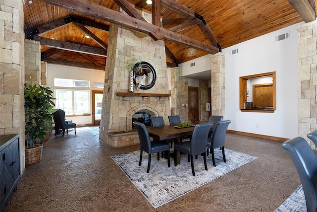 437 Monarch Hill Ct, Keller, TX 76248 - carpeted dining room featuring wooden ceiling with exposed beams, a fireplace, high vaulted ceiling, and baseboards