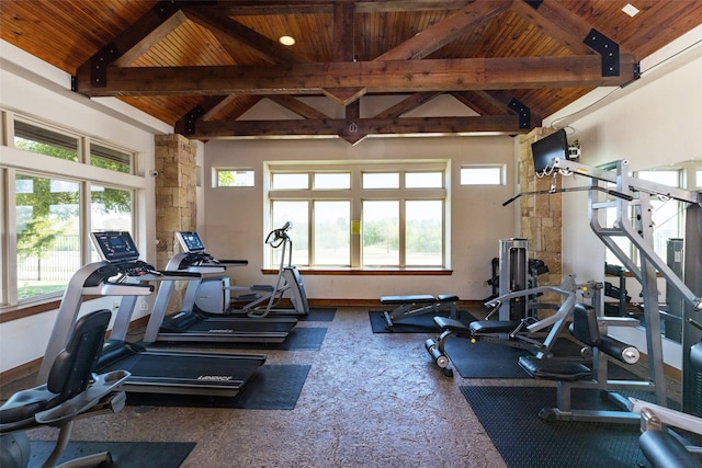 437 Monarch Hill Ct, Keller, TX 76248 - gym featuring wood ceiling, plenty of natural light, and carpet floors