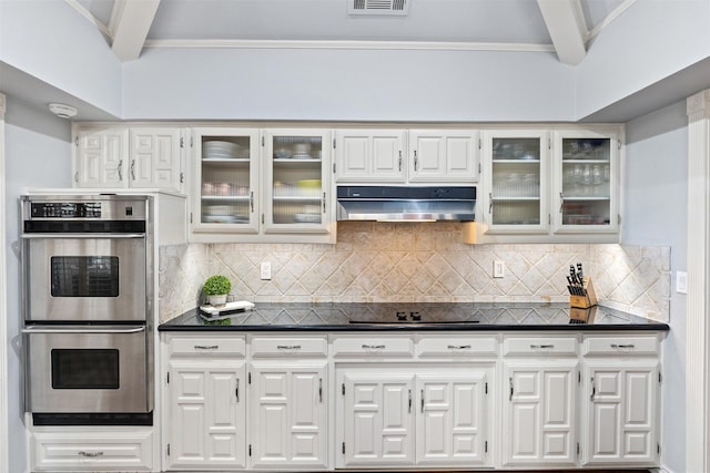 3616 Wandering Trl, Plano, TX 75075 - kitchen featuring double oven, under cabinet range hood, dark countertops, and black electric cooktop