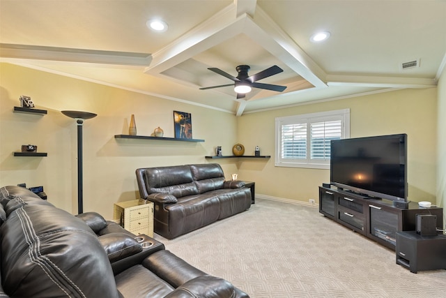 3616 Wandering Trl, Plano, TX 75075 - carpeted living area featuring a ceiling fan, beam ceiling, recessed lighting, coffered ceiling, and crown molding
