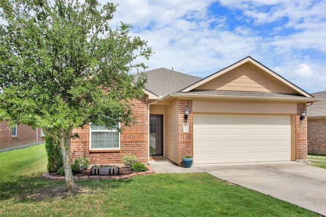 1303 Clegg St, Howe, TX 75459 - ranch-style home with brick siding, concrete driveway, an attached garage, a shingled roof, and a front lawn