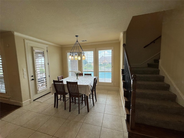 321 Bear Country Dr, Aledo, TX 76008 - dining room with stairway, a chandelier, baseboards, ornamental molding, and light tile patterned flooring