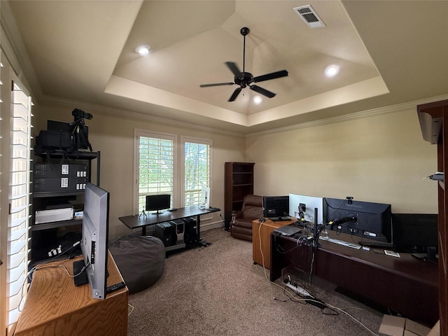 321 Bear Country Dr, Aledo, TX 76008 - office space featuring ceiling fan, a tray ceiling, carpet flooring, crown molding, and recessed lighting