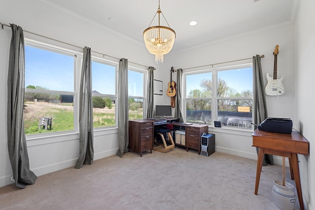 7954 Lax Dr, Fort Worth, TX 76126 - office featuring a chandelier, plenty of natural light, light colored carpet, and crown molding