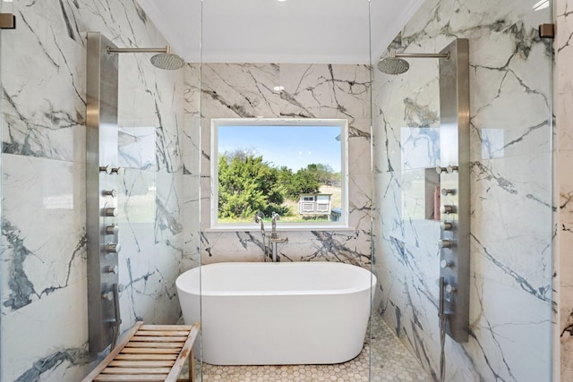 7954 Lax Dr, Fort Worth, TX 76126 - full bath featuring a marble finish shower, tile walls, and a freestanding bath
