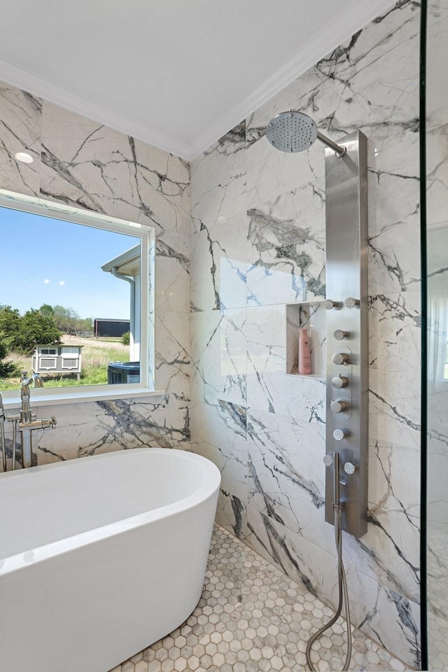 7954 Lax Dr, Fort Worth, TX 76126 - bathroom featuring a soaking tub, a marble finish shower, and tile walls