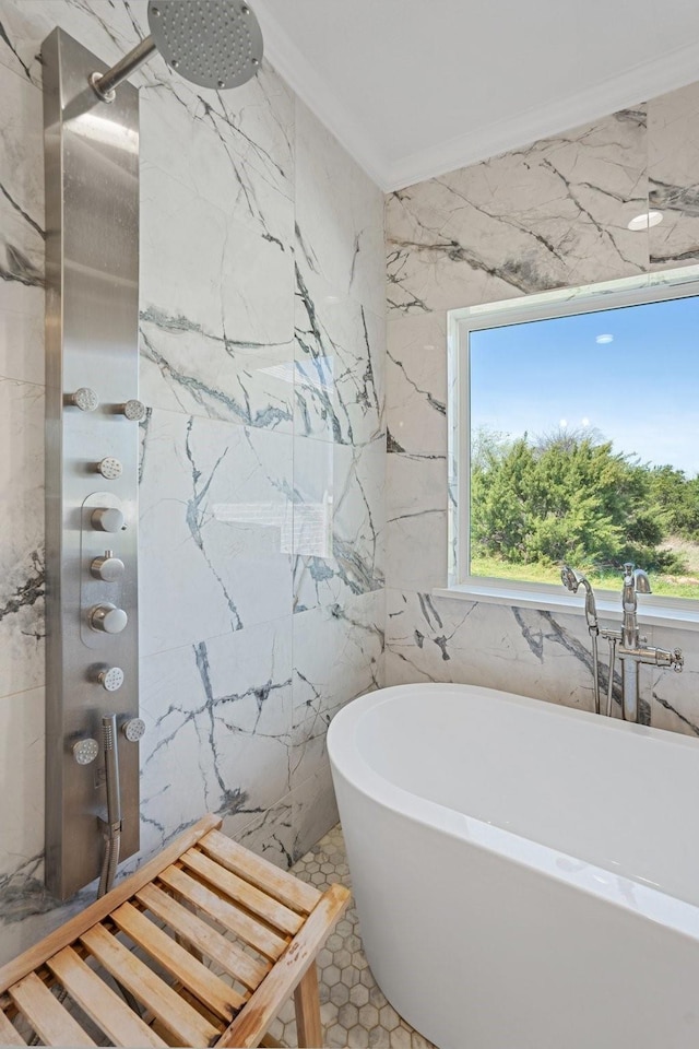 7954 Lax Dr, Fort Worth, TX 76126 - bathroom featuring healthy amount of natural light, tile walls, a soaking tub, tiled shower, and crown molding