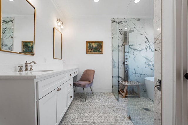 7954 Lax Dr, Fort Worth, TX 76126 - bathroom with crown molding, vanity, a marble finish shower, a freestanding bath, and recessed lighting