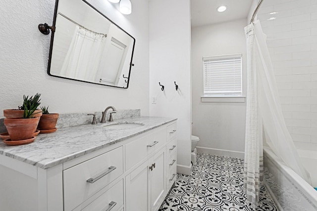 7954 Lax Dr, Fort Worth, TX 76126 - bathroom featuring vanity, toilet, shower / tub combo with curtain, baseboards, and tile patterned floors