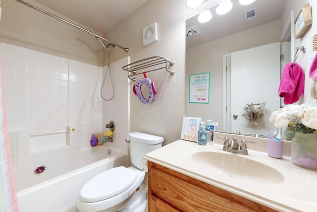 337 Grace Cir, Hurst, TX 76053 - full bathroom with toilet, vanity, shower / tub combination, and a textured wall
