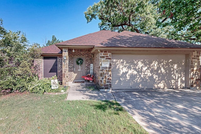 337 Grace Cir, Hurst, TX 76053 - ranch-style home with an attached garage, roof with shingles, brick siding, driveway, and a front lawn