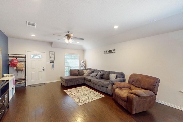 337 Grace Cir, Hurst, TX 76053 - living room featuring a ceiling fan, wood-type flooring, baseboards, and recessed lighting