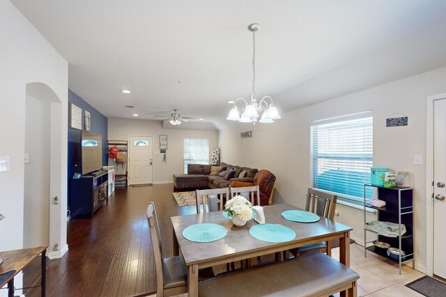 337 Grace Cir, Hurst, TX 76053 - dining room with a ceiling fan, baseboards, wood finished floors, a chandelier, and recessed lighting