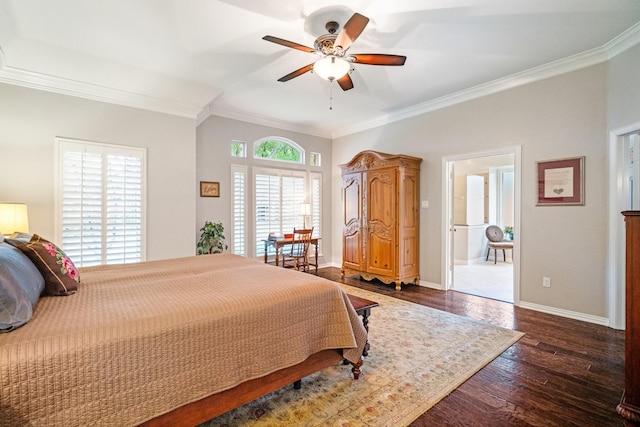 6717 Alcove Ln, Plano, TX 75024 - bedroom with ornamental molding, dark wood finished floors, and a ceiling fan