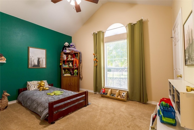 258 Pecan Hollow Cir, Anna, TX 75409 - bedroom featuring light colored carpet, lofted ceiling, and ceiling fan