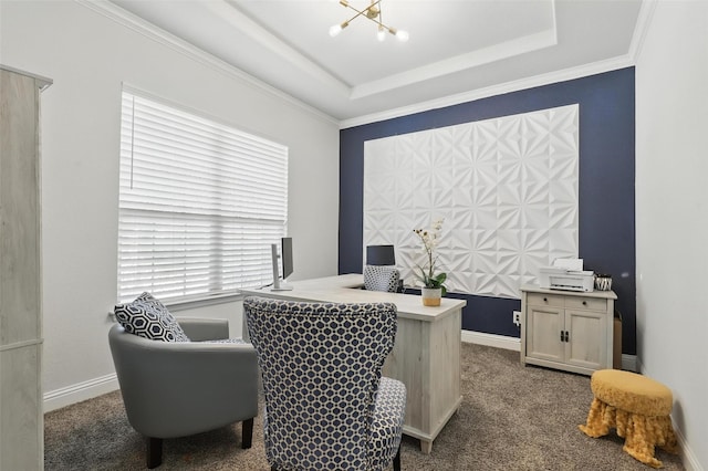 14825 Complacent Way, Aledo, TX 76008 - home office featuring dark colored carpet, a chandelier, a raised ceiling, and baseboards