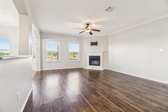 6321 Stone Lake Dr, Fort Worth, TX 76179 - unfurnished living room with a ceiling fan, wood finished floors, a fireplace with raised hearth, crown molding, and baseboards