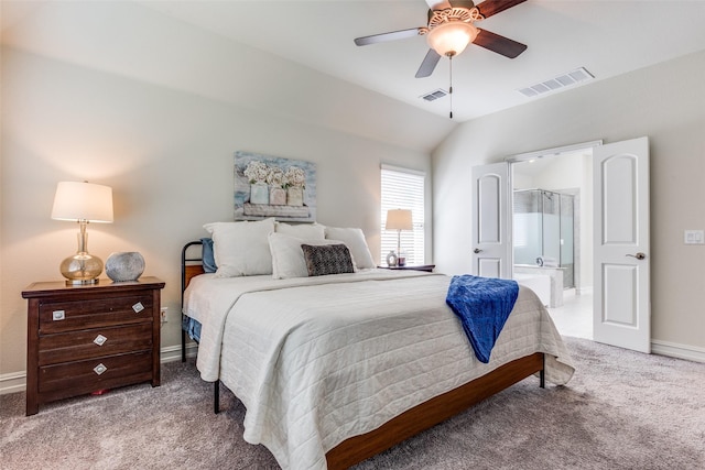 1814 Indigo Creek Ln, Wylie, TX 75098 - bedroom featuring carpet, baseboards, vaulted ceiling, a ceiling fan, and ensuite bathroom