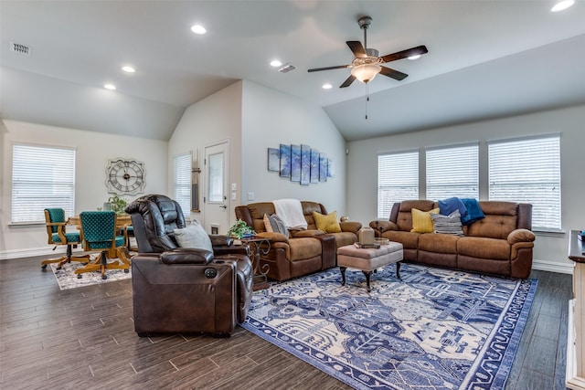 1814 Indigo Creek Ln, Wylie, TX 75098 - living room with lofted ceiling, dark wood-style floors, ceiling fan, baseboards, and recessed lighting