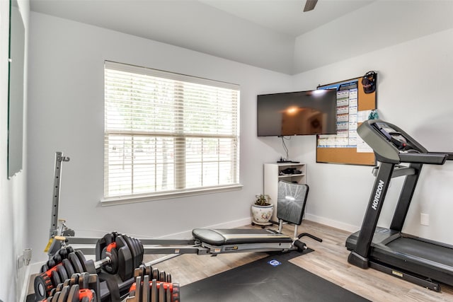 3118 Oak Crest Dr, Royse City, TX 75189 - workout room featuring wood finished floors, plenty of natural light, a ceiling fan, and baseboards