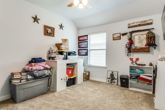 3118 Oak Crest Dr, Royse City, TX 75189 - bedroom with carpet, vaulted ceiling, baseboards, and ceiling fan