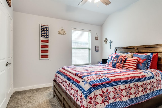 3118 Oak Crest Dr, Royse City, TX 75189 - bedroom featuring carpet flooring, baseboards, vaulted ceiling, and a ceiling fan