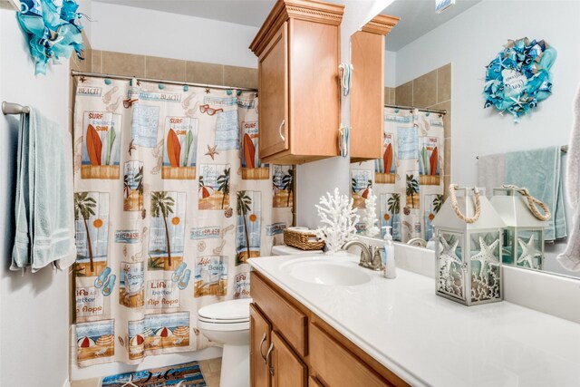 3118 Oak Crest Dr, Royse City, TX 75189 - full bath with vanity, toilet, a shower with shower curtain, and tile patterned floors