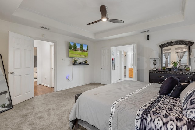 300 Burtonwood Cir, Ovilla, TX 75154 - bedroom featuring a tray ceiling, carpet, baseboards, ornamental molding, and a ceiling fan