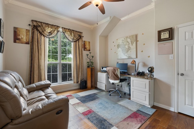 300 Burtonwood Cir, Ovilla, TX 75154 - office space with ornamental molding, wood finished floors, ceiling fan, and baseboards