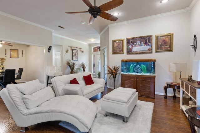 300 Burtonwood Cir, Ovilla, TX 75154 - living room with a ceiling fan, ornamental molding, recessed lighting, dark wood-type flooring, and baseboards