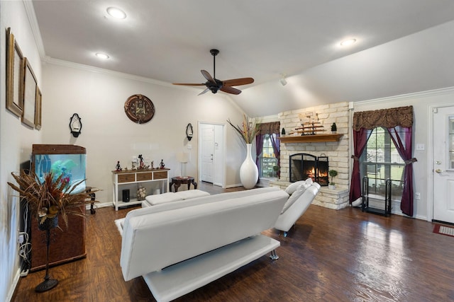 300 Burtonwood Cir, Ovilla, TX 75154 - living room with a large fireplace, ceiling fan, vaulted ceiling, ornamental molding, and wood finished floors