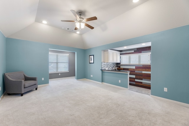 3025 Speyburn, The Colony, TX 75056 - unfurnished room with ceiling fan, light carpet, recessed lighting, vaulted ceiling, and baseboards