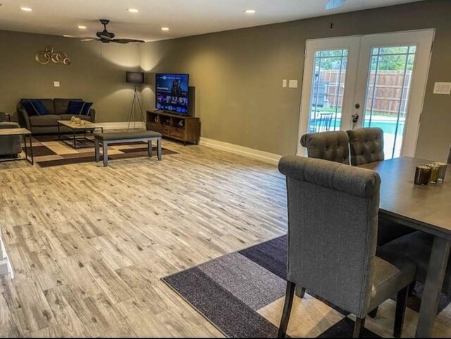1432 Hurstview Dr, Hurst, TX 76053 - living room with a ceiling fan, wood finished floors, recessed lighting, baseboards, and french doors