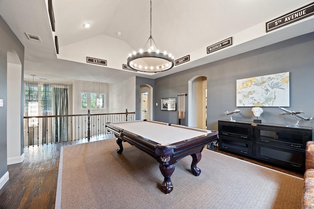 6208 Jacqueline Dr, Plano, TX 75024 - recreation room with arched walkways, dark wood-style floors, lofted ceiling, a chandelier, and billiards table