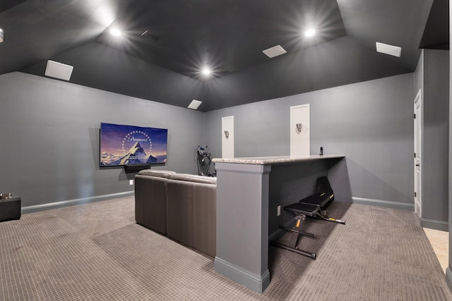 6208 Jacqueline Dr, Plano, TX 75024 - carpeted cinema featuring lofted ceiling, baseboards, and recessed lighting
