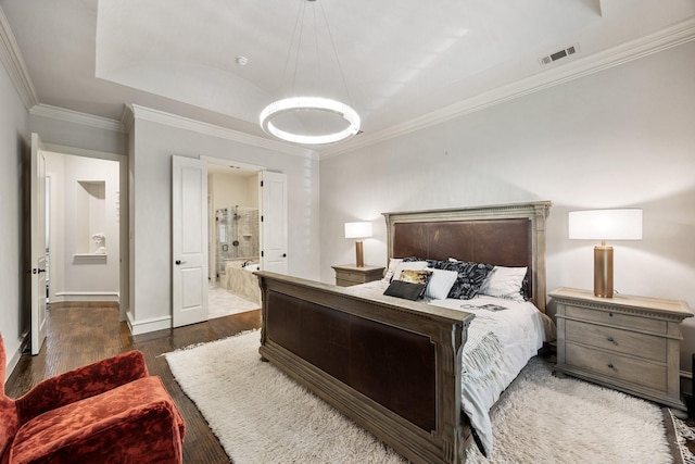 6208 Jacqueline Dr, Plano, TX 75024 - bedroom featuring dark wood-style flooring, a raised ceiling, baseboards, crown molding, and ensuite bath