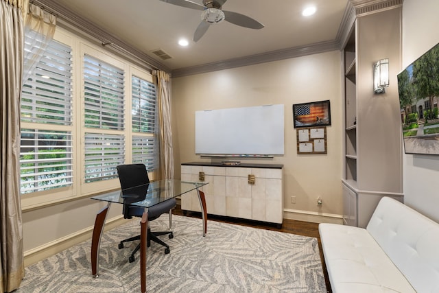 6208 Jacqueline Dr, Plano, TX 75024 - office space featuring ornamental molding, wood finished floors, a ceiling fan, baseboards, and recessed lighting