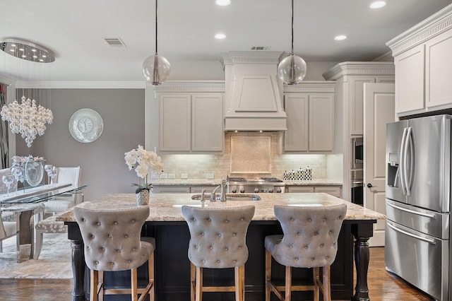 6208 Jacqueline Dr, Plano, TX 75024 - kitchen featuring stainless steel refrigerator with ice dispenser, backsplash, custom exhaust hood, dark wood-type flooring, and light stone counters