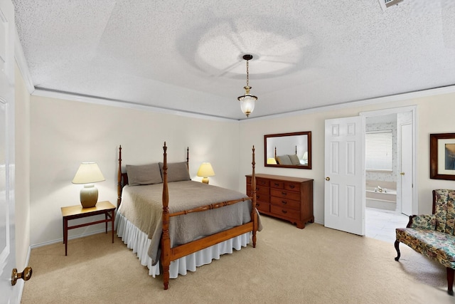 2521 La Vida Pl, Plano, TX 75023 - bedroom with crown molding, light colored carpet, a textured ceiling, baseboards, and ensuite bath