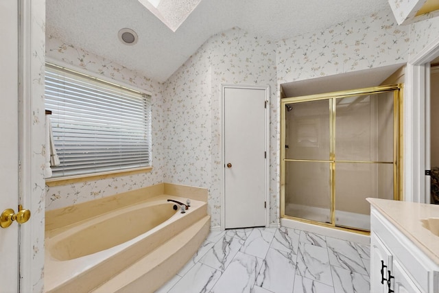 2521 La Vida Pl, Plano, TX 75023 - full bathroom featuring wallpapered walls, vaulted ceiling, a skylight, a stall shower, and a bath