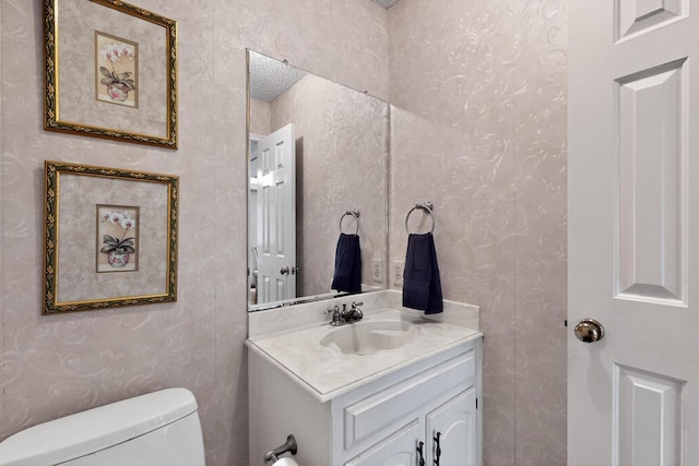 2521 La Vida Pl, Plano, TX 75023 - half bathroom with vanity, toilet, and wallpapered walls