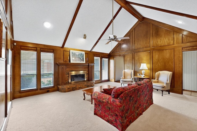 2521 La Vida Pl, Plano, TX 75023 - living room featuring plenty of natural light, light carpet, a brick fireplace, wood walls, and beam ceiling