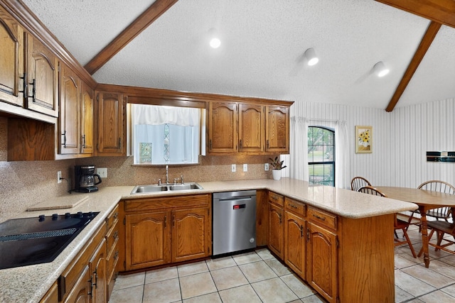 2521 La Vida Pl, Plano, TX 75023 - kitchen featuring dishwasher, a peninsula, a sink, black electric stovetop, and light tile patterned floors