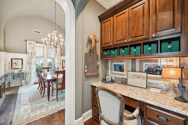 12669 Winding Hollow Ln, Frisco, TX 75033 - office space with a chandelier, dark wood finished floors, lofted ceiling, and baseboards