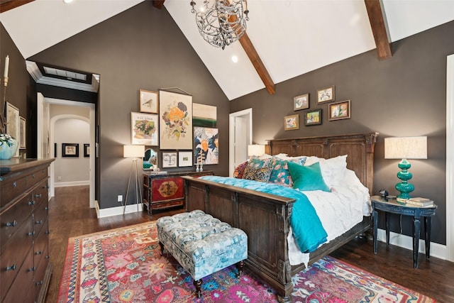 12669 Winding Hollow Ln, Frisco, TX 75033 - bedroom featuring high vaulted ceiling, beam ceiling, baseboards, wood finished floors, and recessed lighting