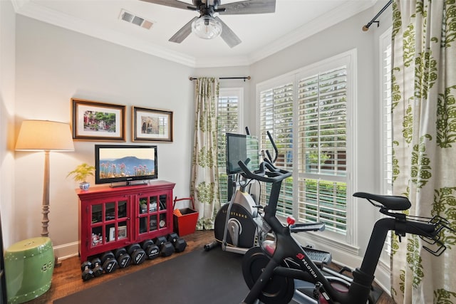 12669 Winding Hollow Ln, Frisco, TX 75033 - workout room featuring wood finished floors, baseboards, ceiling fan, and crown molding