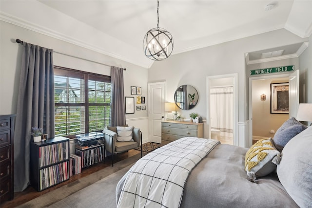 12669 Winding Hollow Ln, Frisco, TX 75033 - bedroom featuring a chandelier, lofted ceiling, ornamental molding, wood finished floors, and ensuite bath