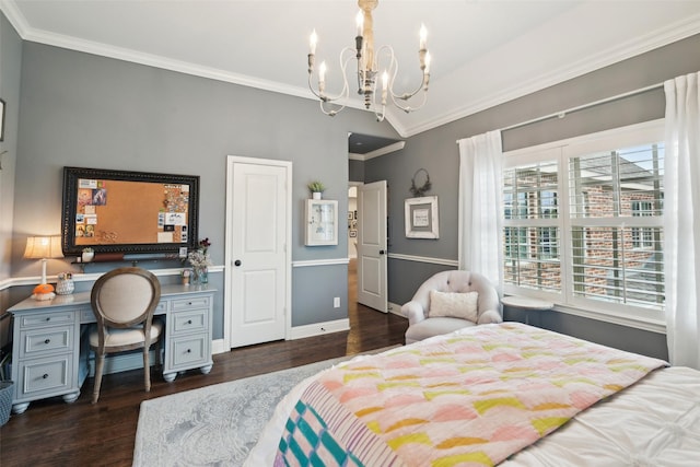12669 Winding Hollow Ln, Frisco, TX 75033 - bedroom with a chandelier, ornamental molding, dark wood-style floors, baseboards, and a desk