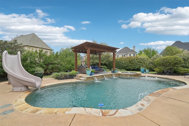 12669 Winding Hollow Ln, Frisco, TX 75033 - view of pool featuring a pergola, a water slide, a patio area, and a pool with connected hot tub